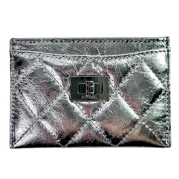 CHANEL Silver Reissue Leather Quilted Cardholder Wallet TurnLock Calfskin CC - Picture 1 of 15